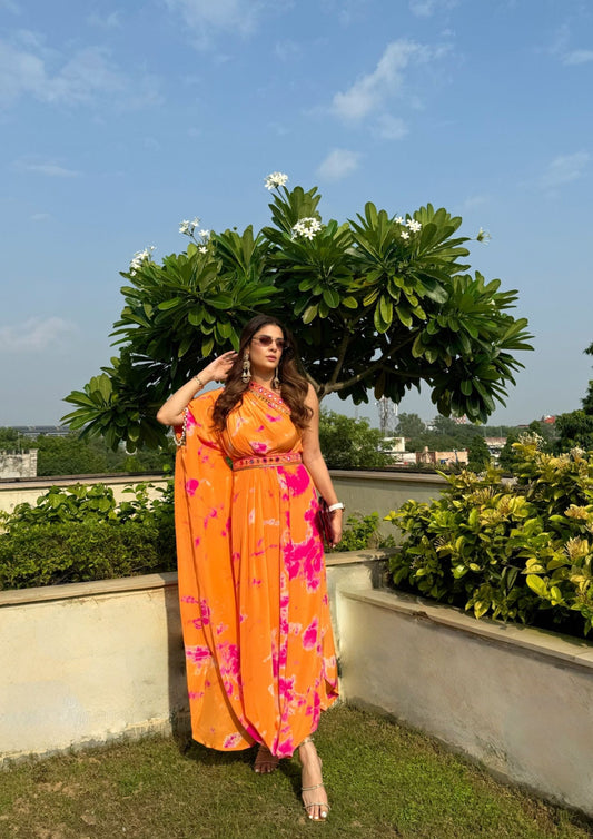 ONE SHOULDER DRAPE DRESS - PINK & ORANGE TIE & DYE