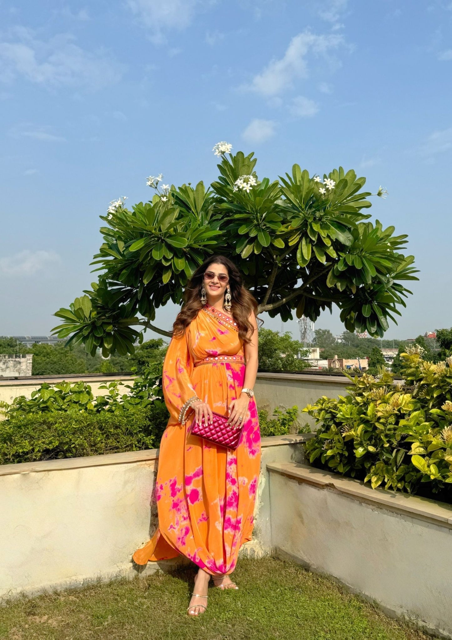 ONE SHOULDER DRAPE DRESS - PINK & ORANGE TIE & DYE