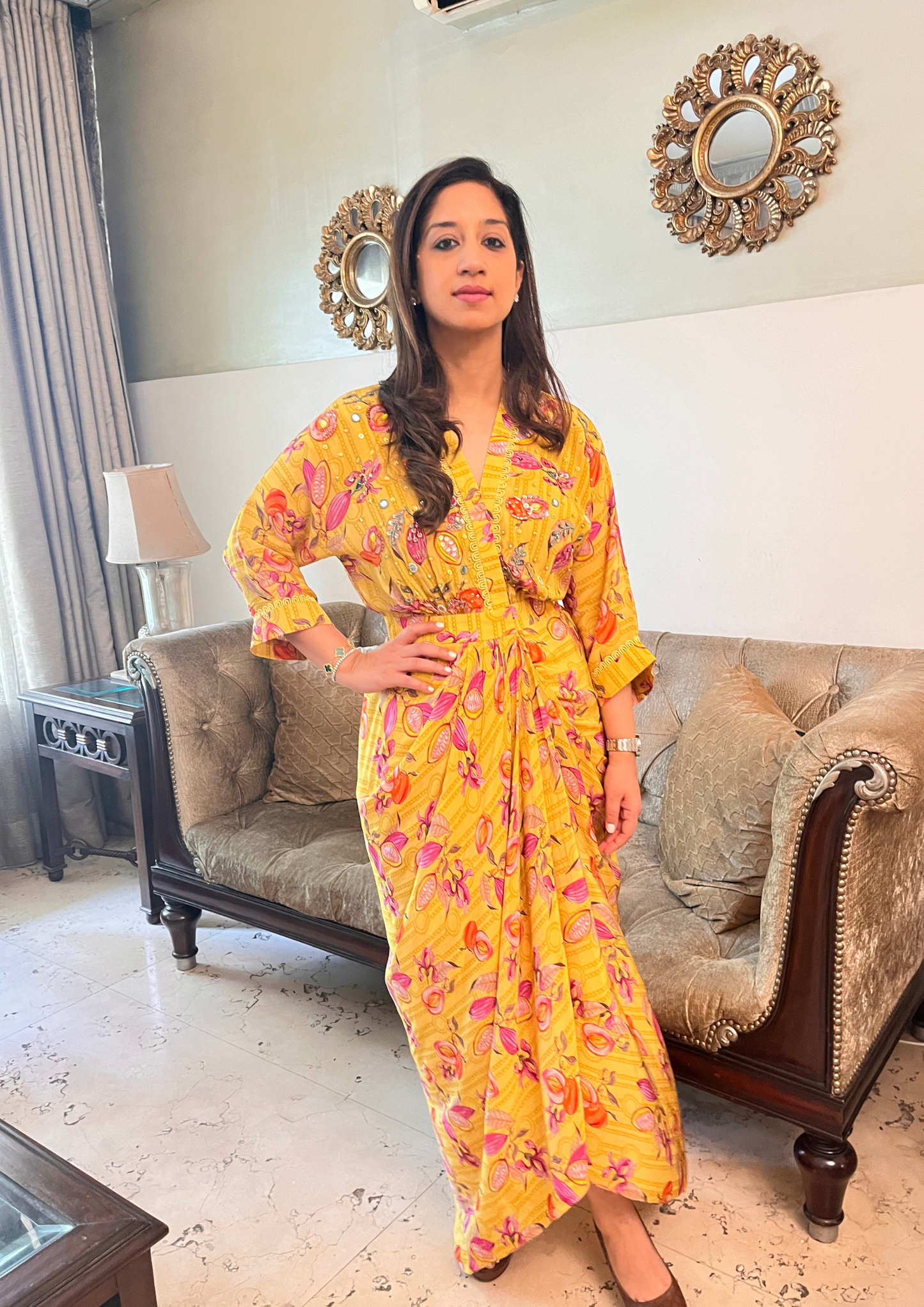 YELLOW SEED PRINT DRAPE DRESS