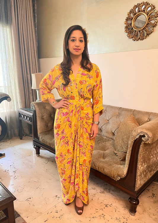 YELLOW SEED PRINT DRAPE DRESS