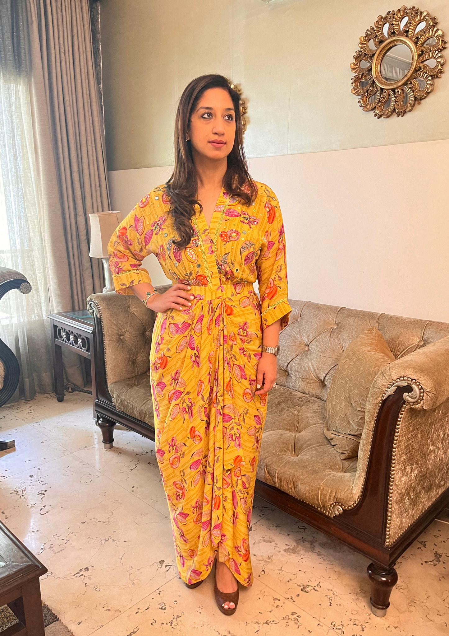 YELLOW SEED PRINT DRAPE DRESS