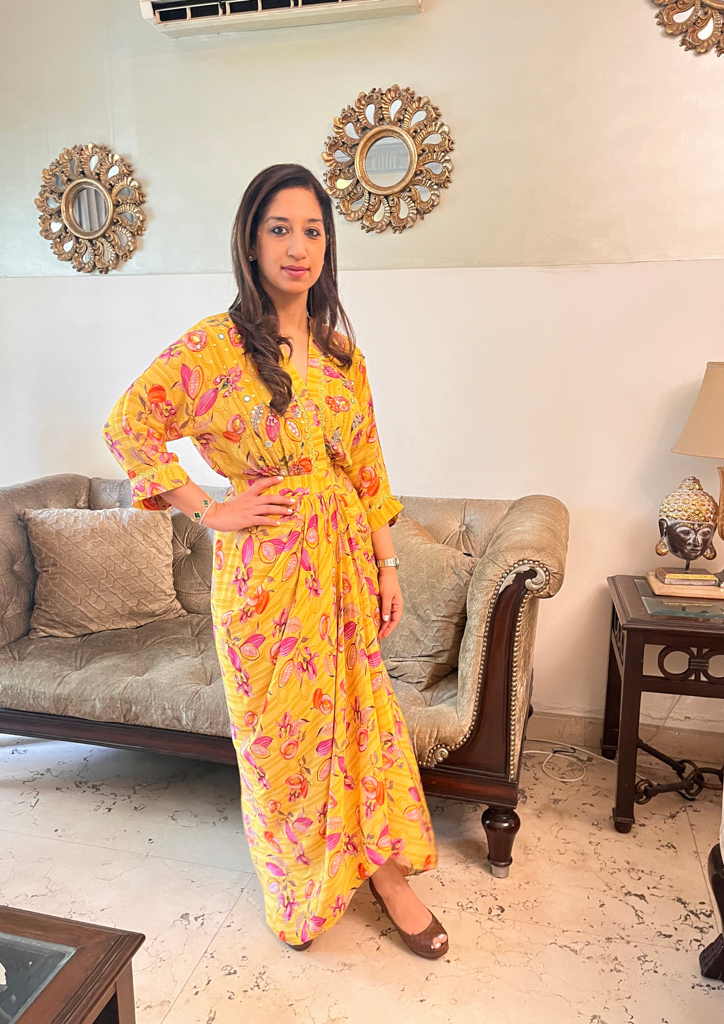 YELLOW SEED PRINT DRAPE DRESS