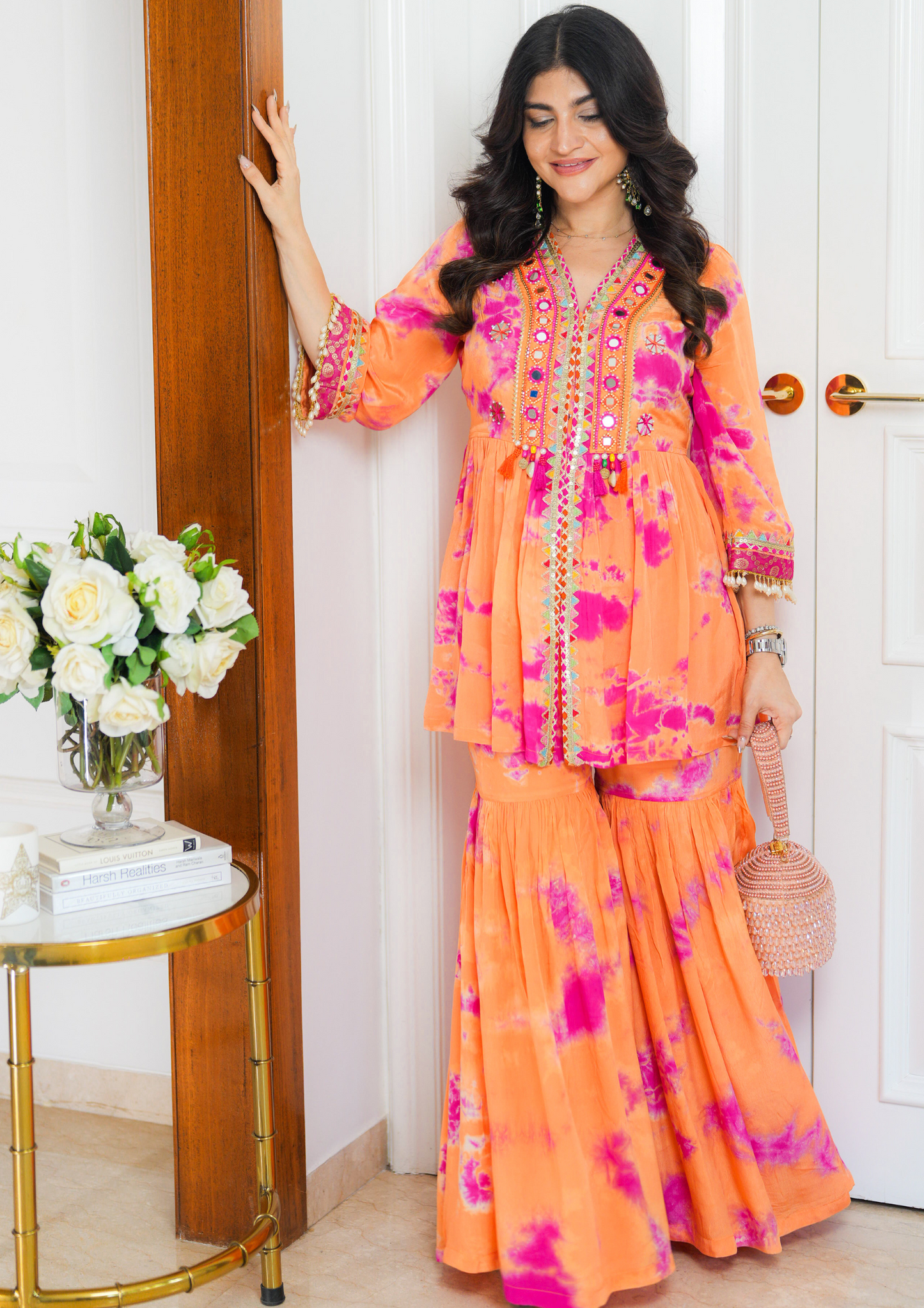 ORANGE & PINK TIE & DYE PEPLUM KURTA WITH COORDINATED SHARARA.