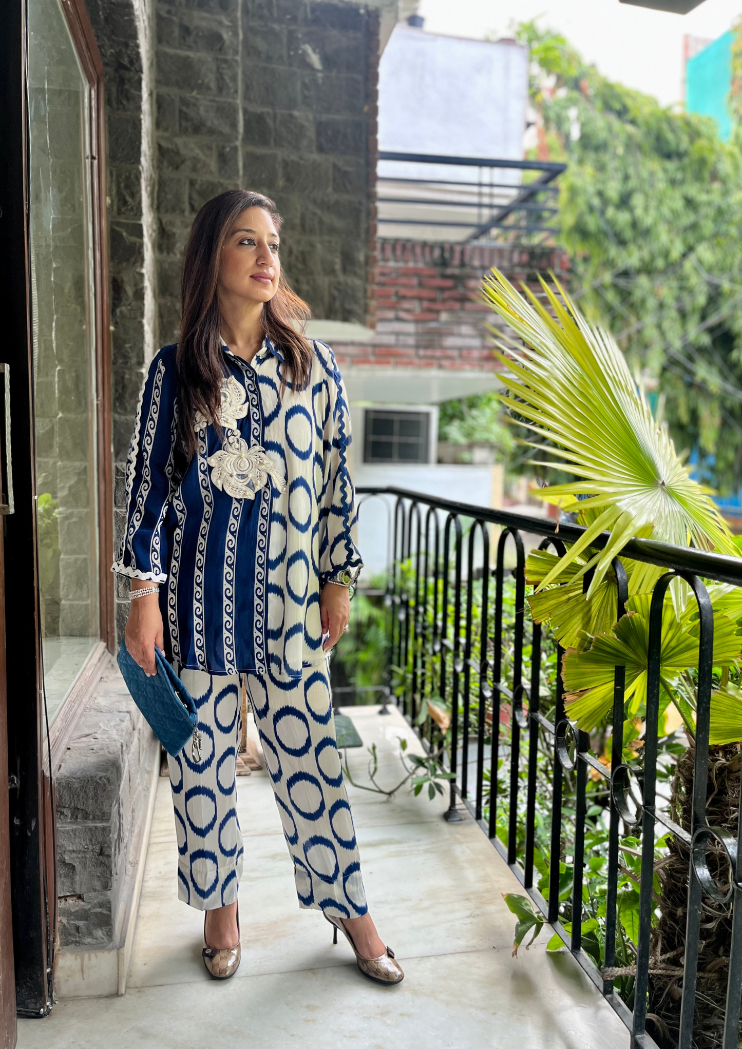 BLUE AND WHITE PRINT CO-ORD SETS - WITH FLORAL PATCHWORK
