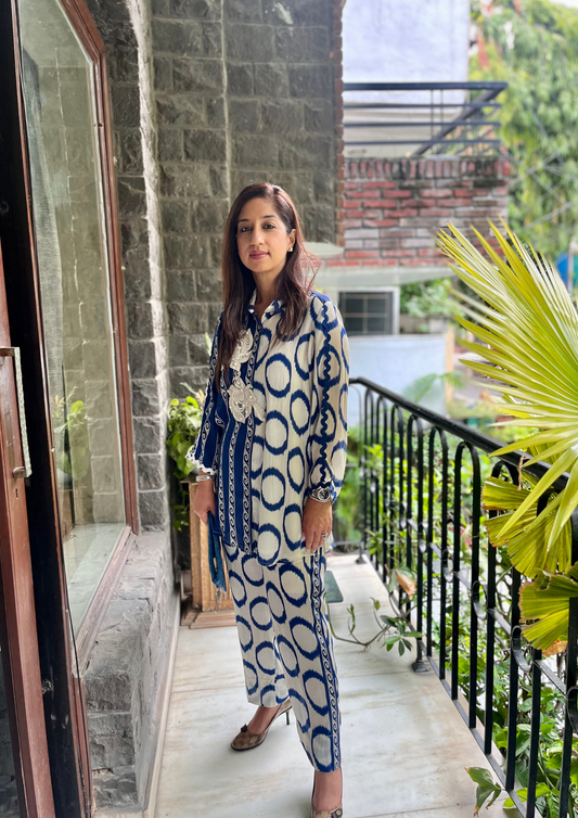 BLUE AND WHITE PRINT CO-ORD SETS - WITH FLORAL PATCHWORK