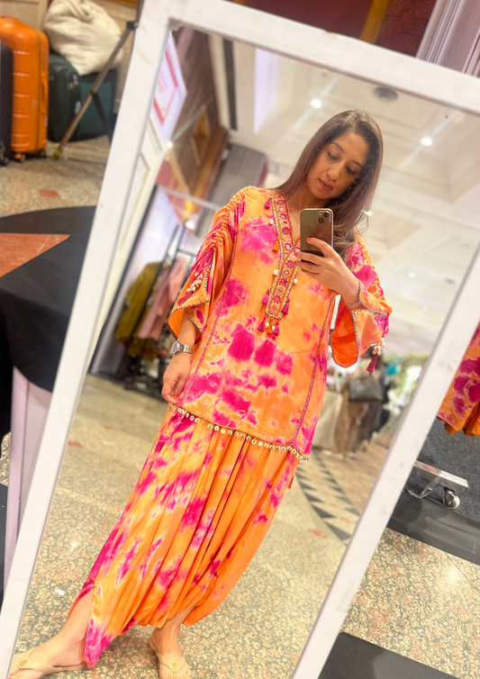 ORANGE & PINK TIE & DYE SHORT KURTA