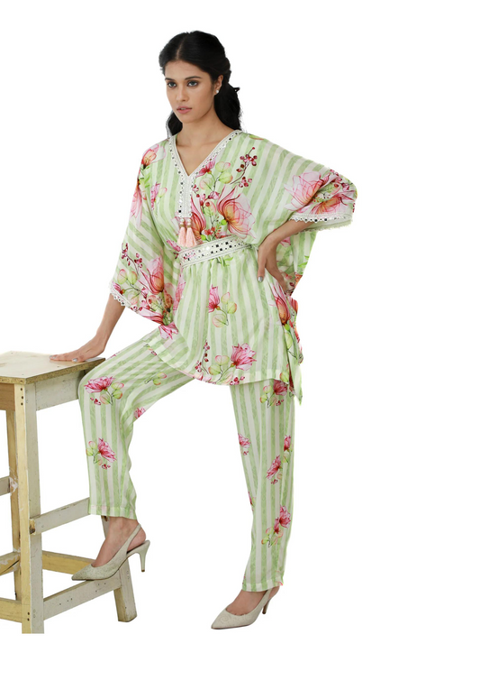Green and white kaftan co-ord set - Set of 2
