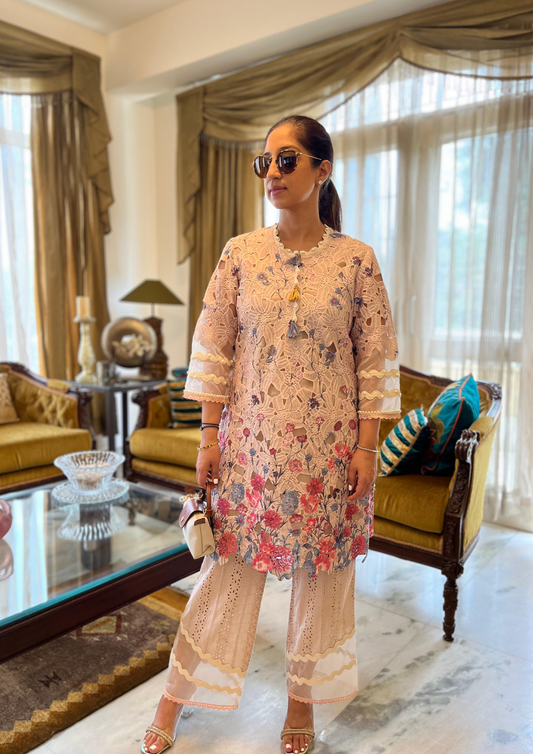 Printed Crochet Cutwork Kurta With Pants