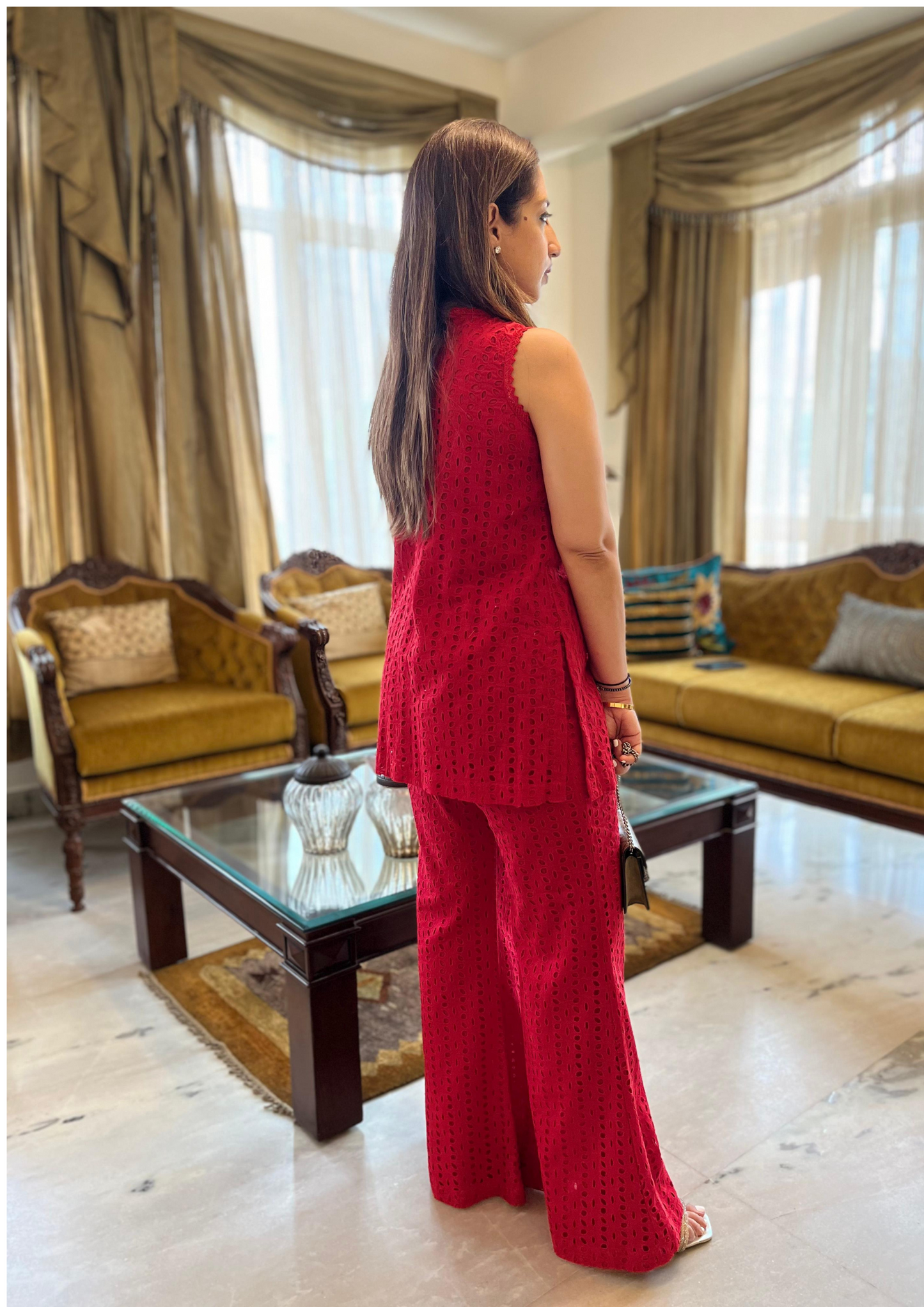Red Cutwork Coord Set With Flared Pants