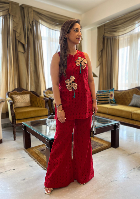 Red Cutwork Coord Set With Flared Pants