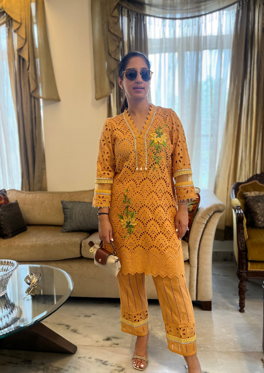 Mango Colored Cotton Cutwork Kurta With Floral Thread Embroidery