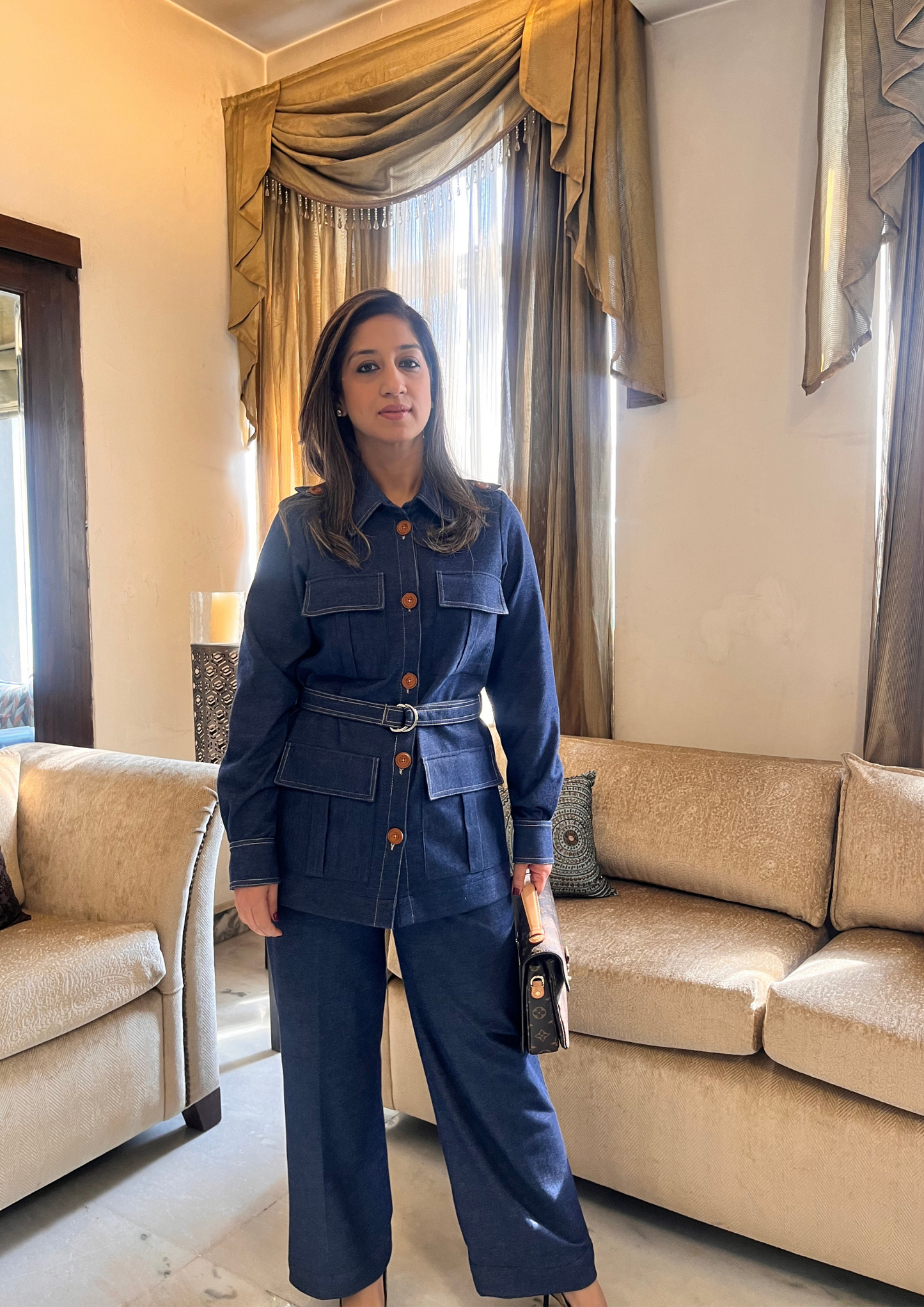 BLUE DENIM BOXY TRENCH SHIRT WITH BELT