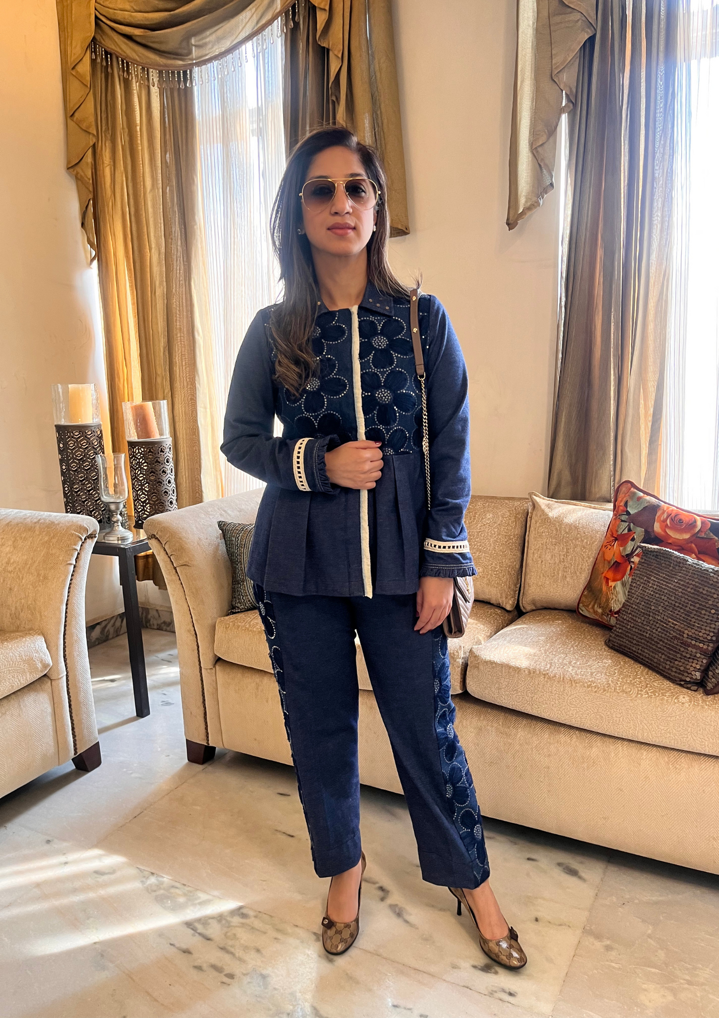 BLUE DENIM PEPLUM TOP WITH FLOWER PATTERN