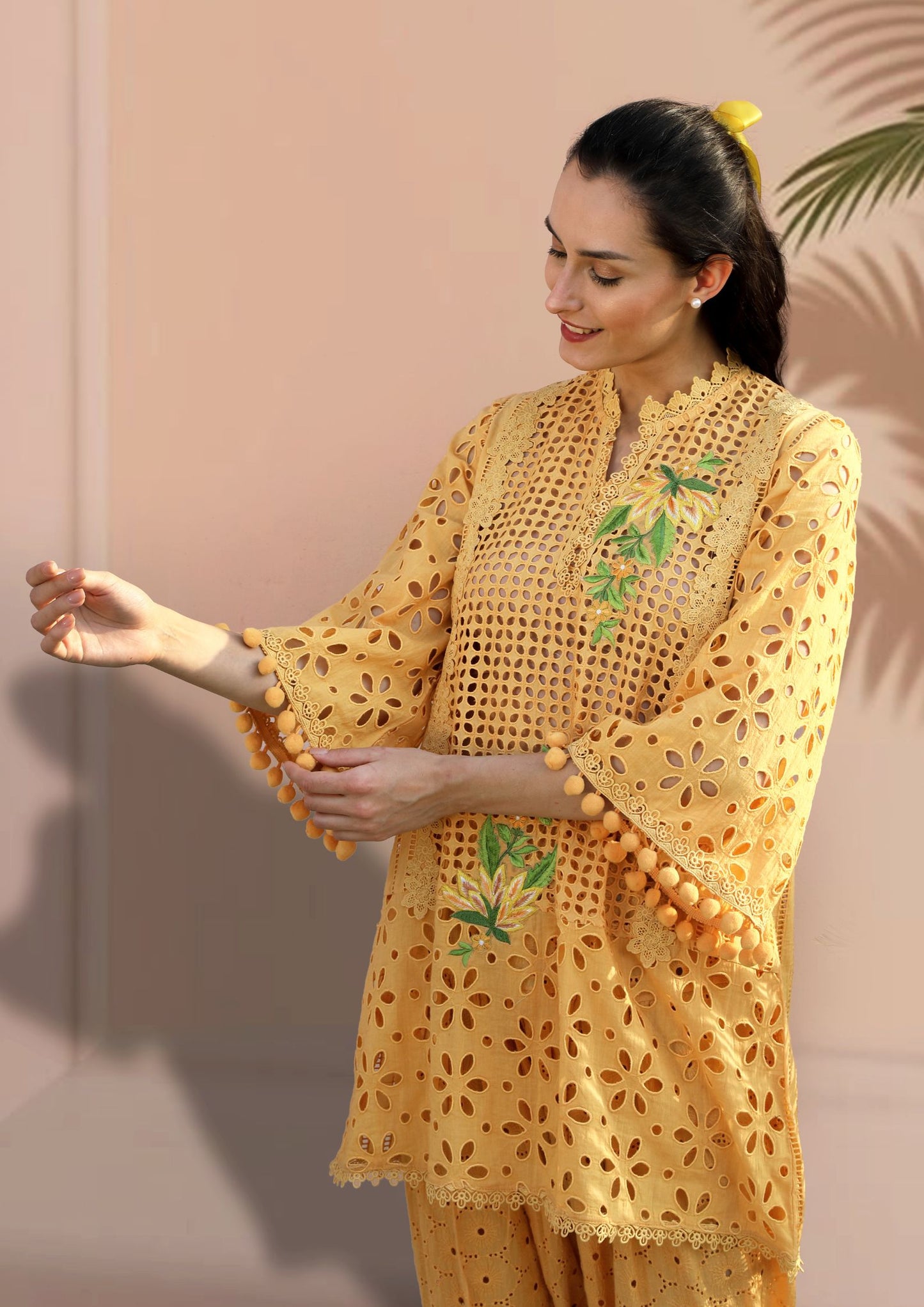 Mango Yellow Cotton Cutwork Kurta Set