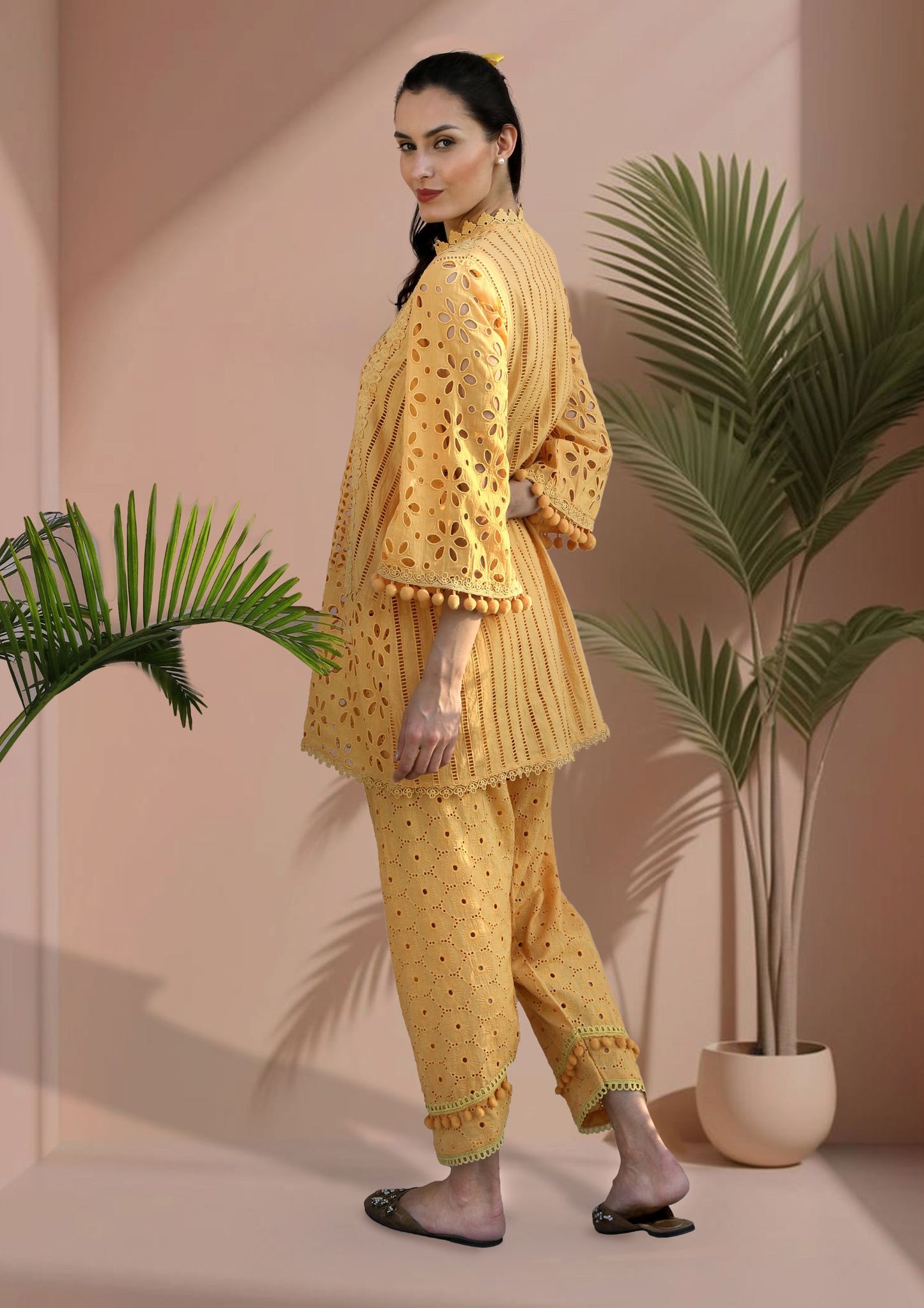Mango Yellow Cotton Cutwork Kurta Set