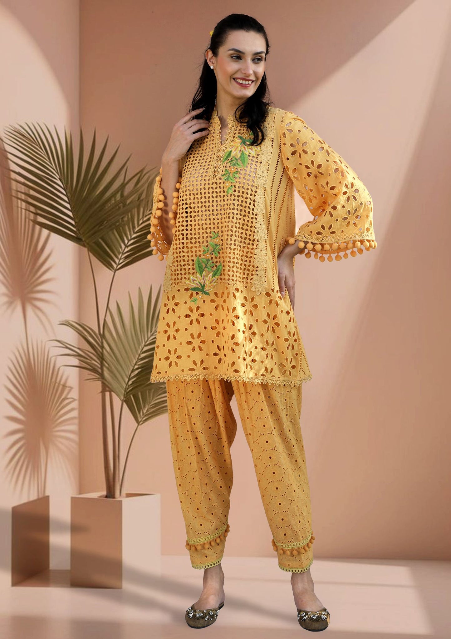 Mango Yellow Cotton Cutwork Kurta Set