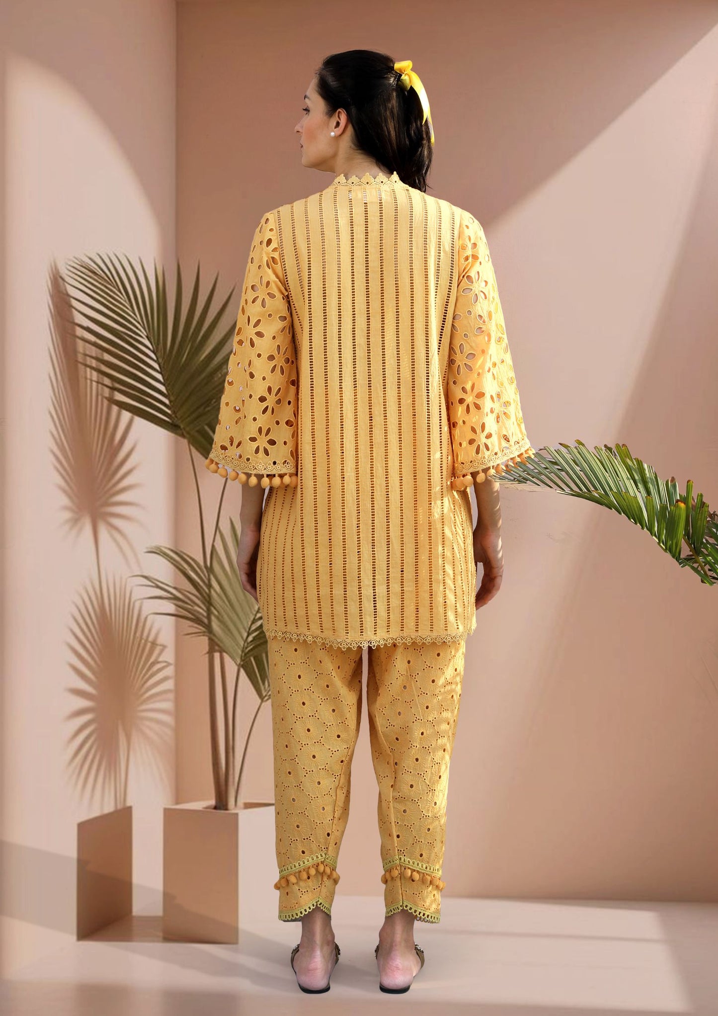 Mango Yellow Cotton Cutwork Kurta Set