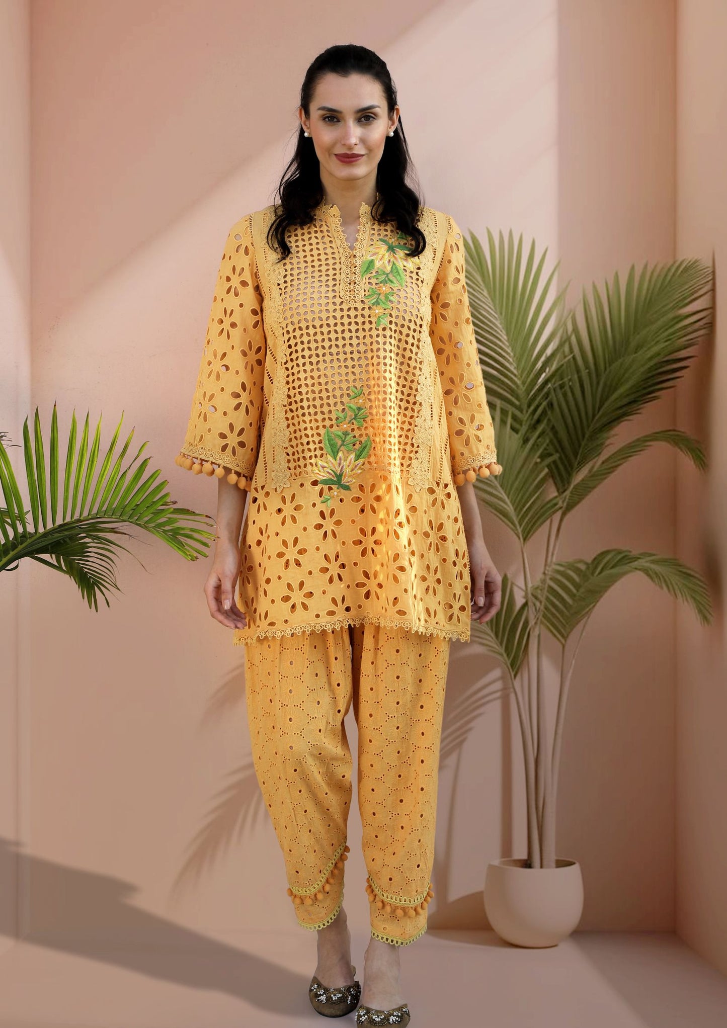 Mango Yellow Cotton Cutwork Kurta Set