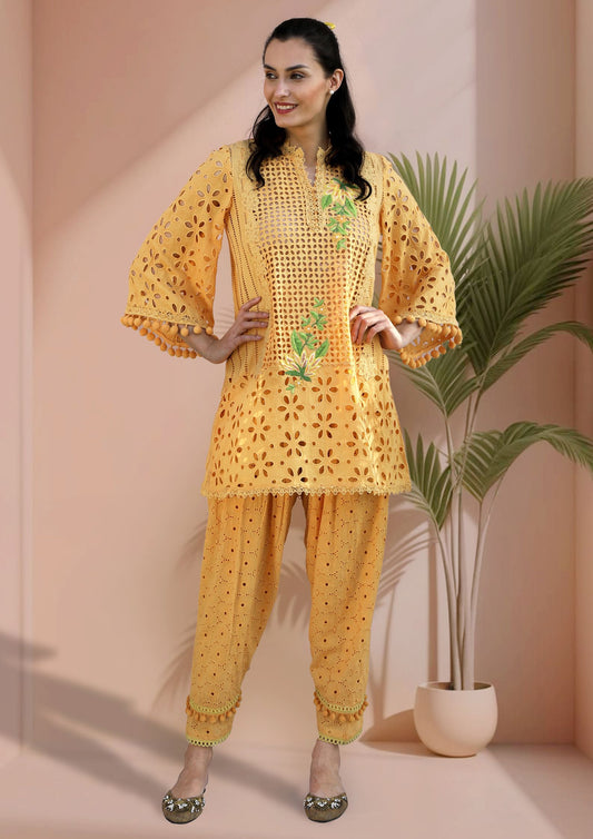 Mango Yellow Cotton Cutwork Kurta Set