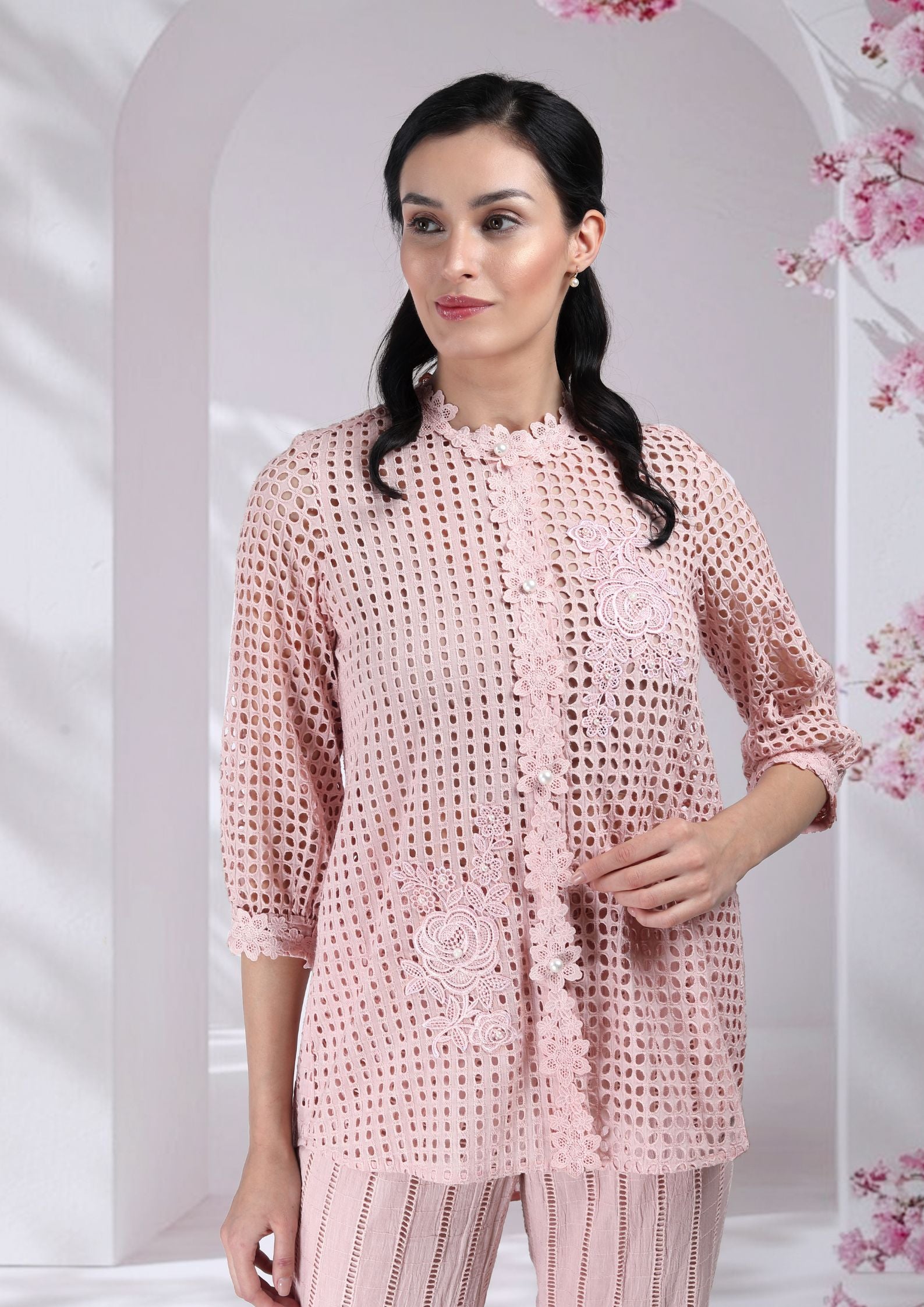 Naina Cotton Cutwork Co-ord Set in Blush Pink
