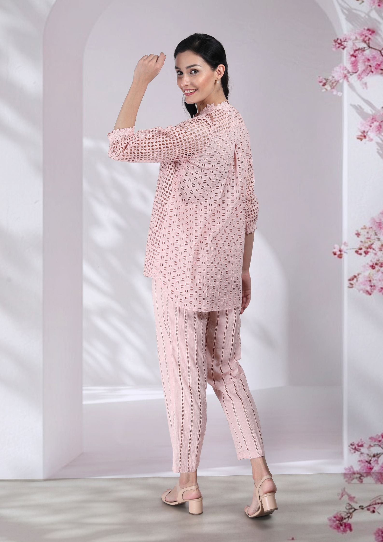 Naina Cotton Cutwork Co-ord Set in Blush Pink