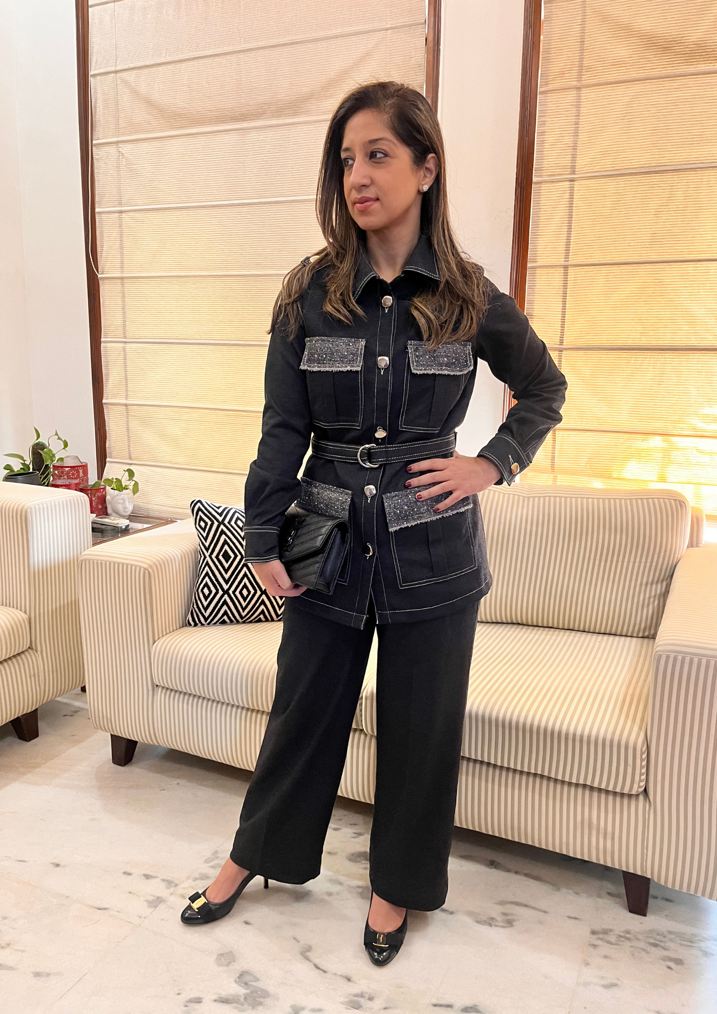BLACK DENIM BOXY TRENCH SHIRT WITH POCKET