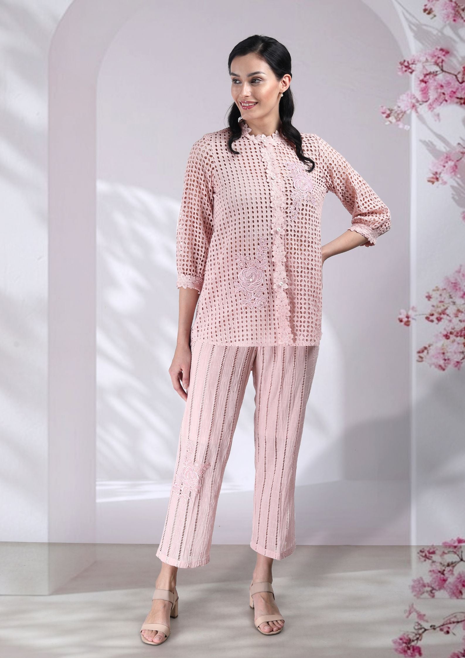 Naina Cotton Cutwork Co-ord Set in Blush Pink