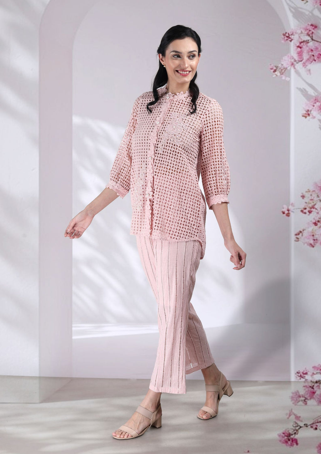 Naina Cotton Cutwork Co-ord Set in Blush Pink