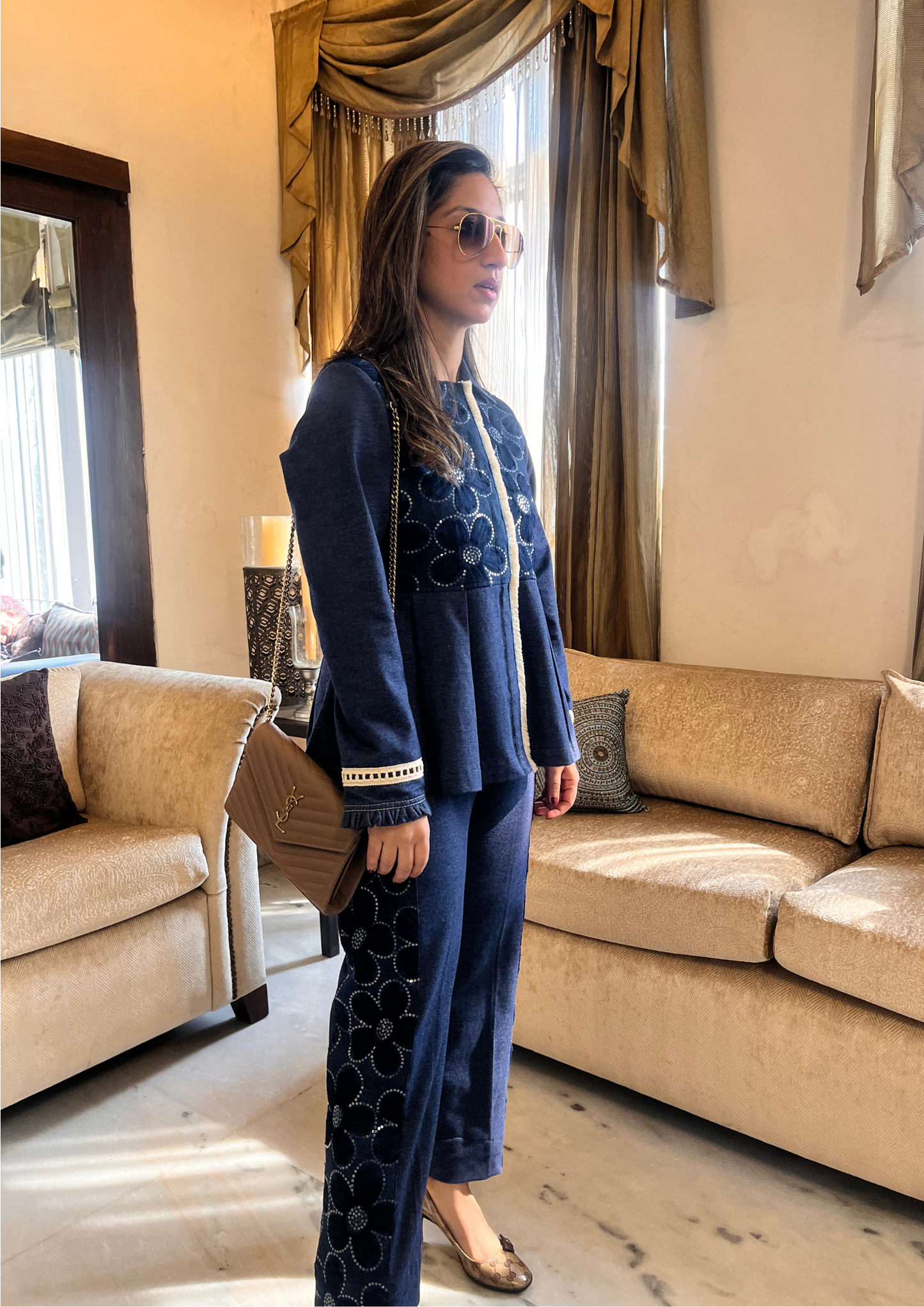 BLUE DENIM PEPLUM TOP WITH FLOWER PATTERN