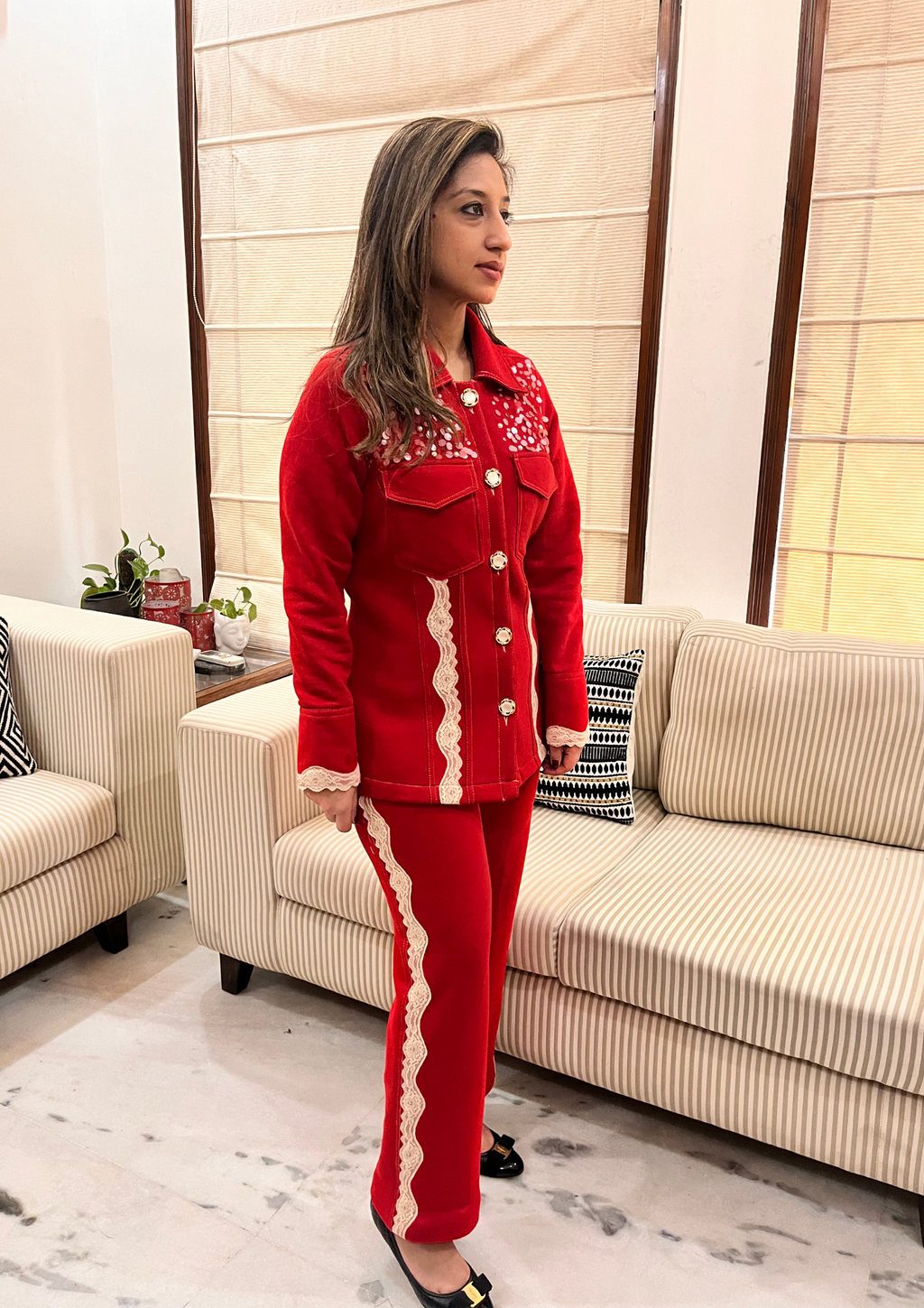 Veera Embroidered Jacket Co-ord Set in Red