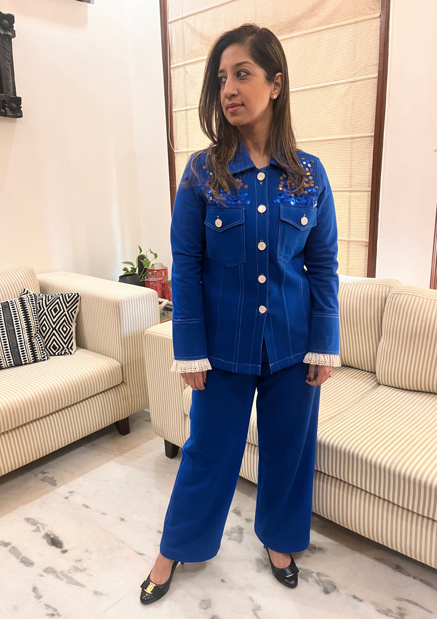 BLUE JACKET STYLE COORD WITH HAND EMBROIDERY