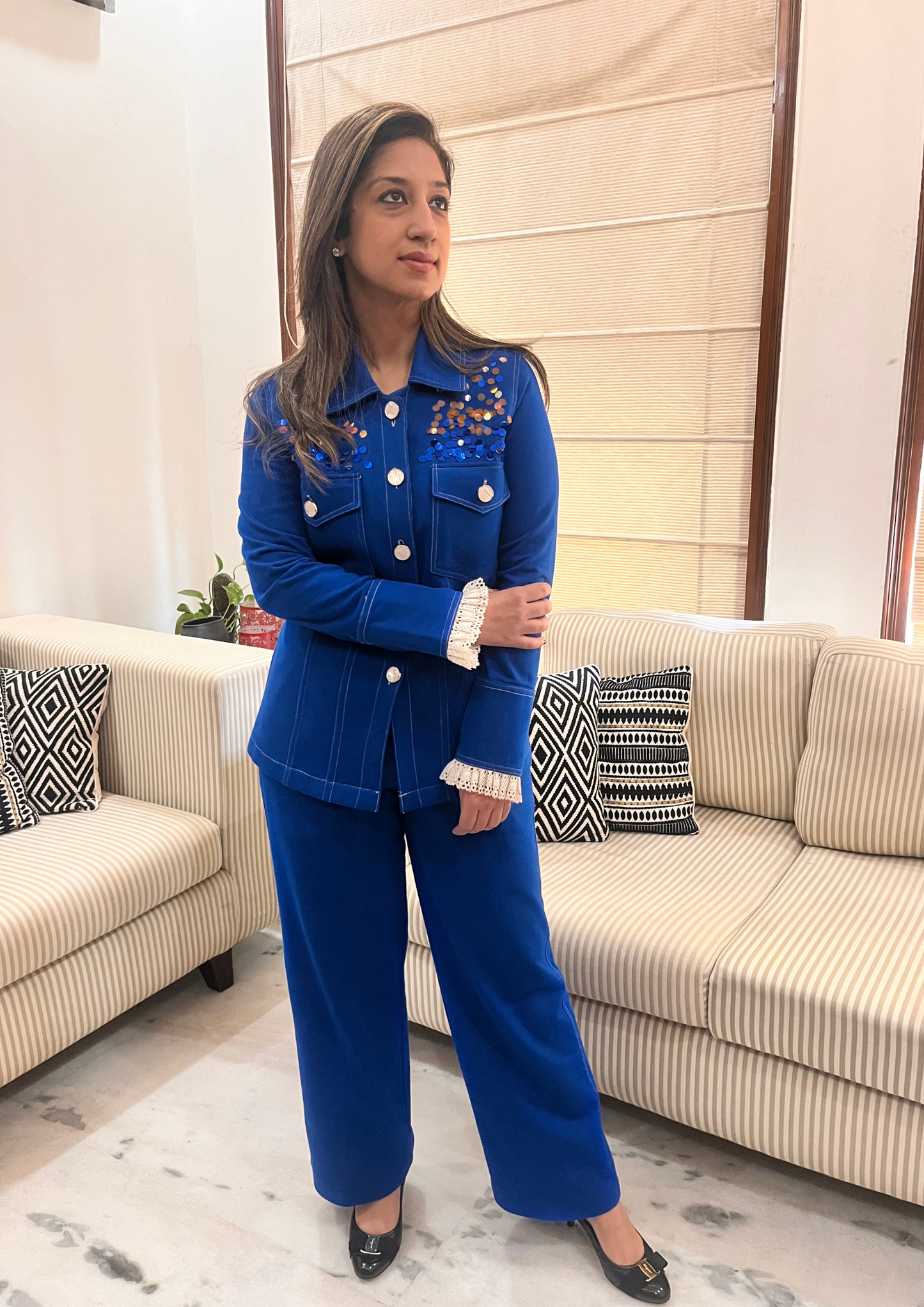 BLUE JACKET STYLE COORD WITH HAND EMBROIDERY