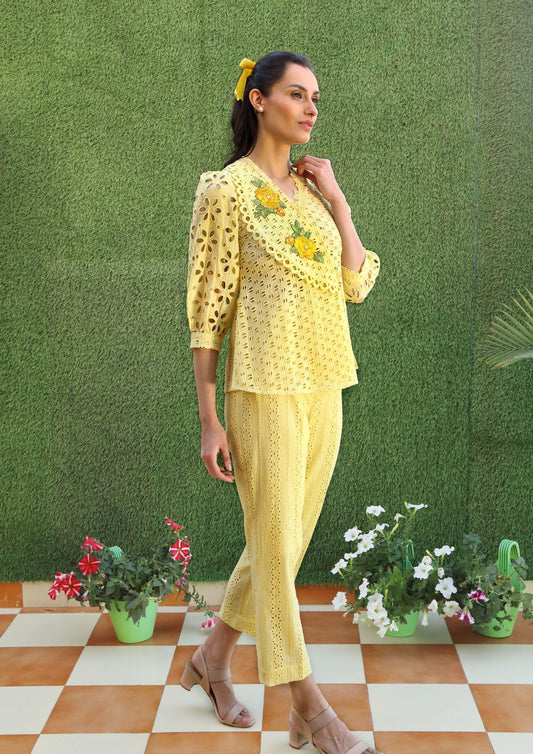 Yellow Cotton Cutwork Coord Set