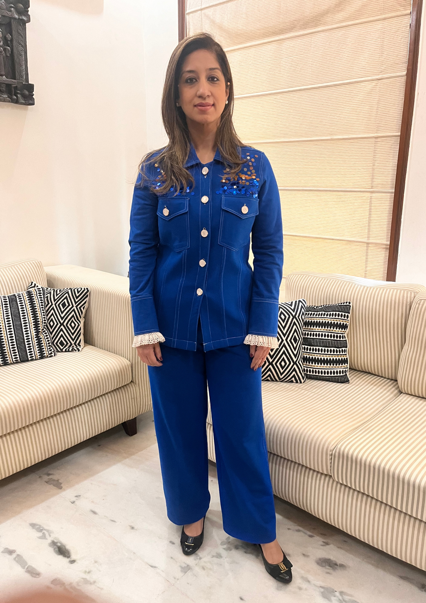 BLUE JACKET STYLE COORD WITH HAND EMBROIDERY