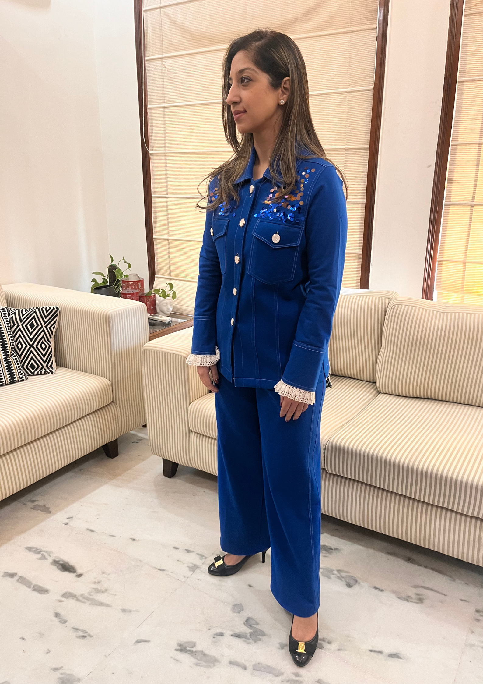 Veera Embroidered Jacket Co-ord Set in Blue