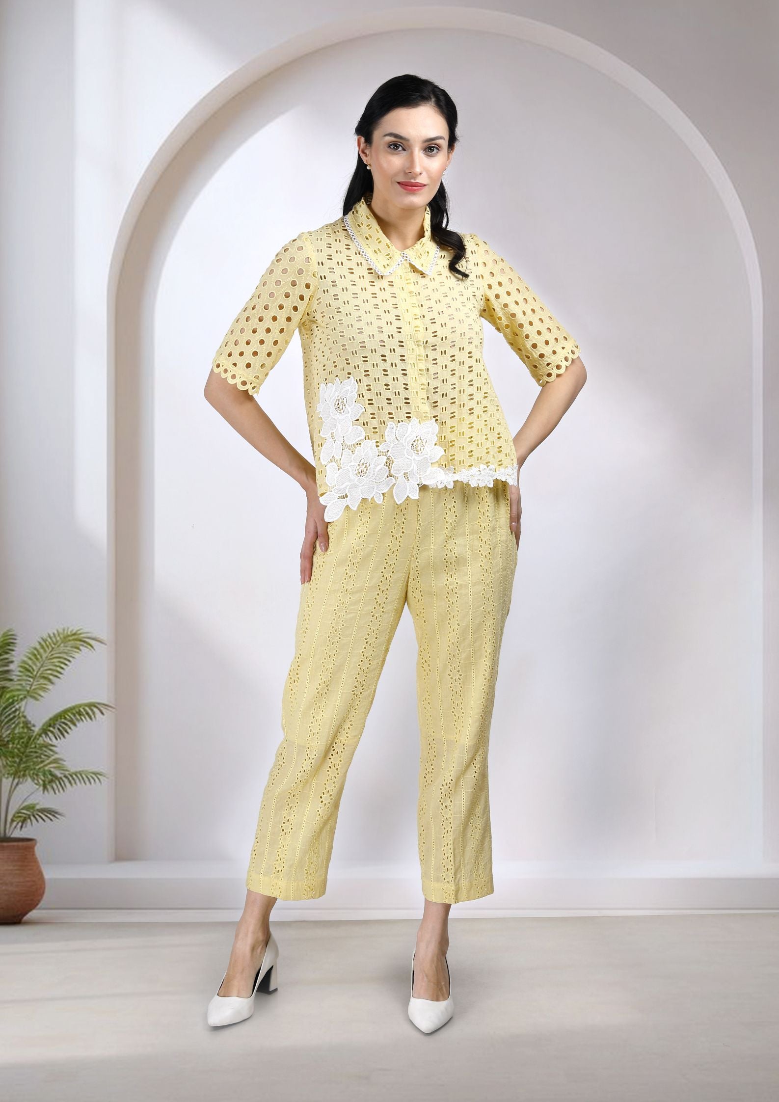 Meera Cotton Cutwork Co-ord Set in Yellow