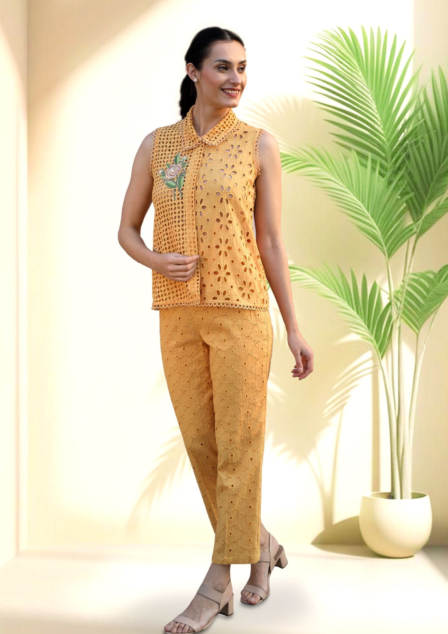 Mango Yellow Cotton Cutwork Coord Set