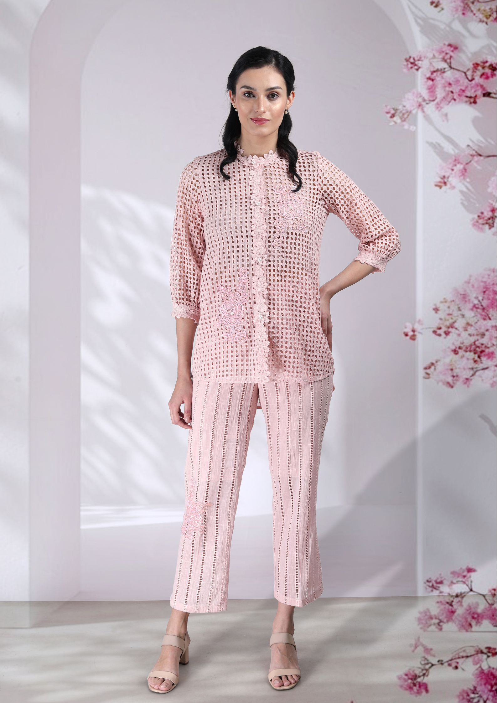 Naina Cotton Cutwork Co-ord Set in Blush Pink