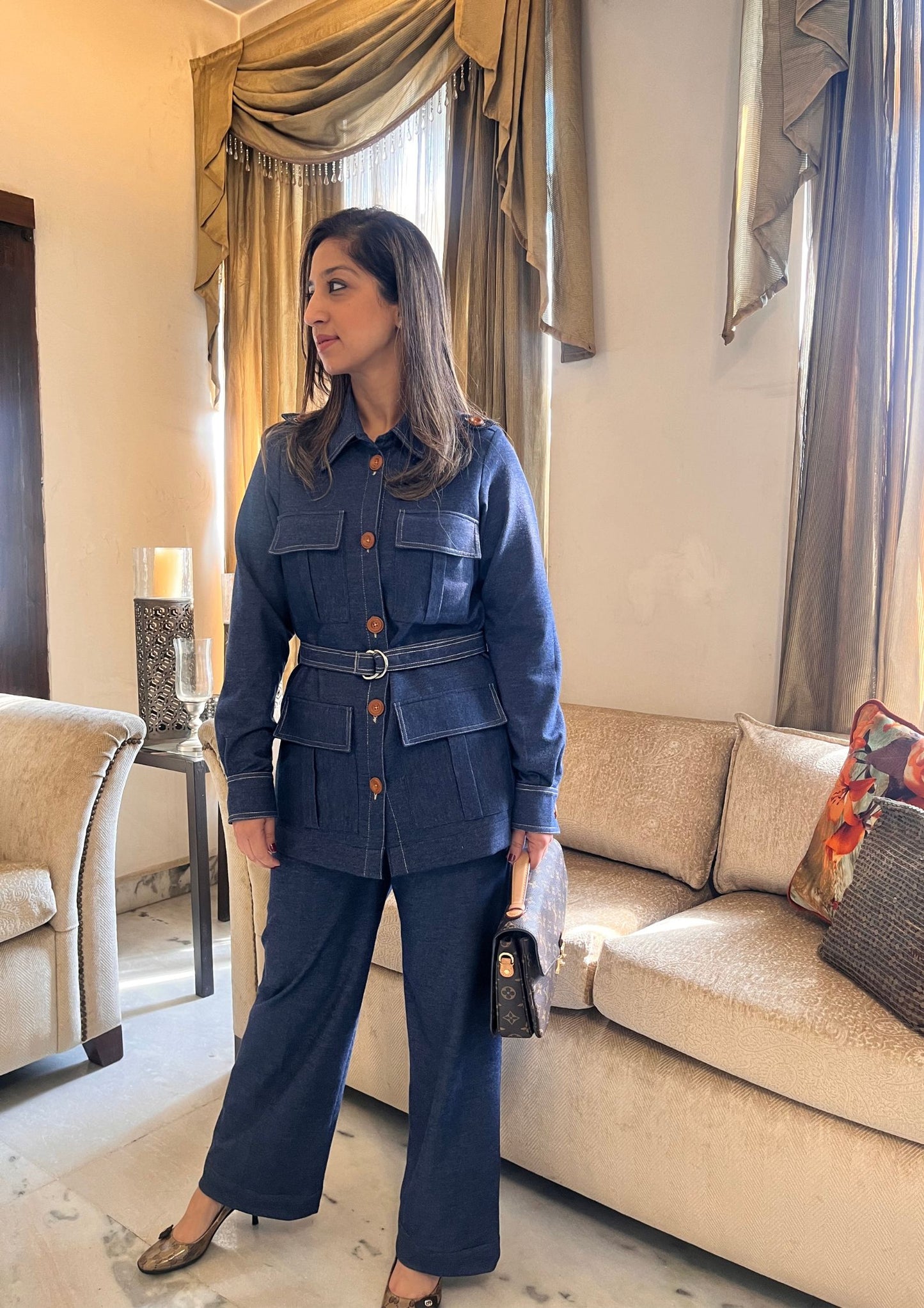BLUE DENIM BOXY TRENCH SHIRT WITH BELT