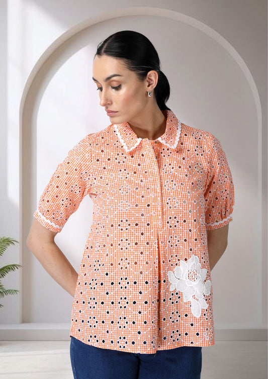 Orange Cutwork Collar Top