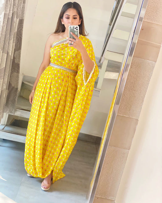 Yellow one shoulder bandhini print dress