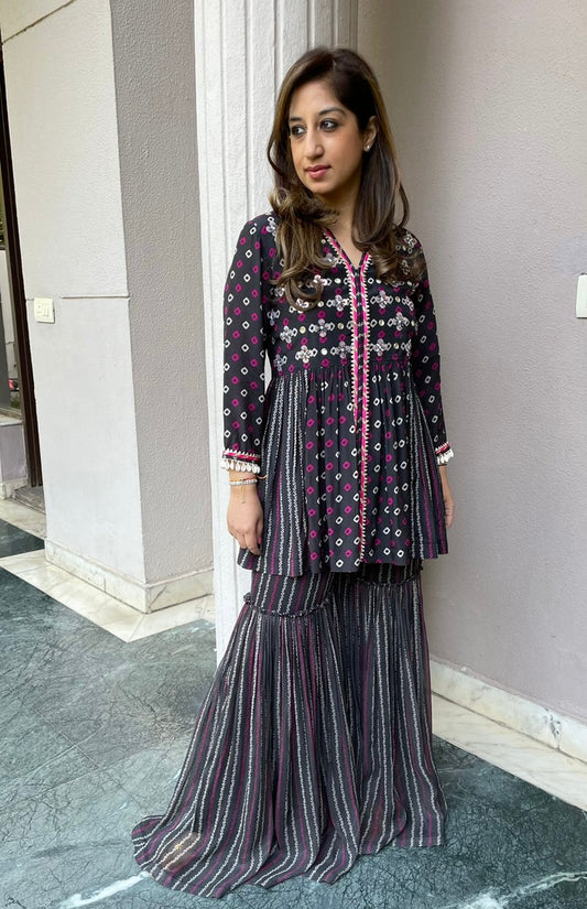 Black and Pink Bandhini Print Sharara set- SET OF 2
