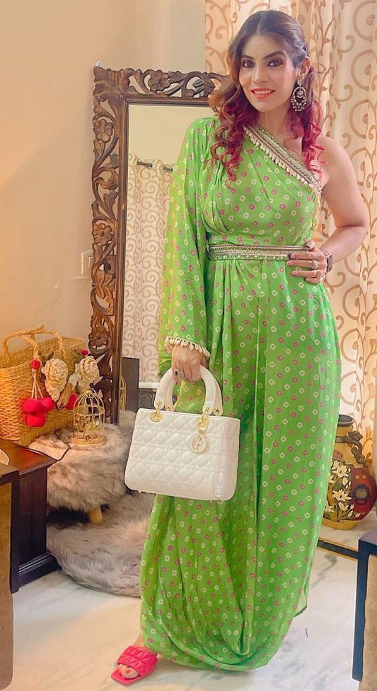 Green one shoulder bandhini print dress