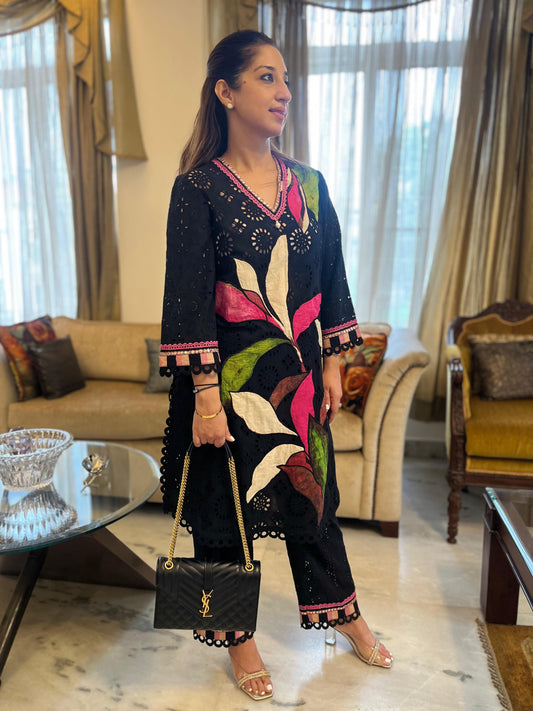 Black Cotton Cutwork Kurta With Colorful Patchwork