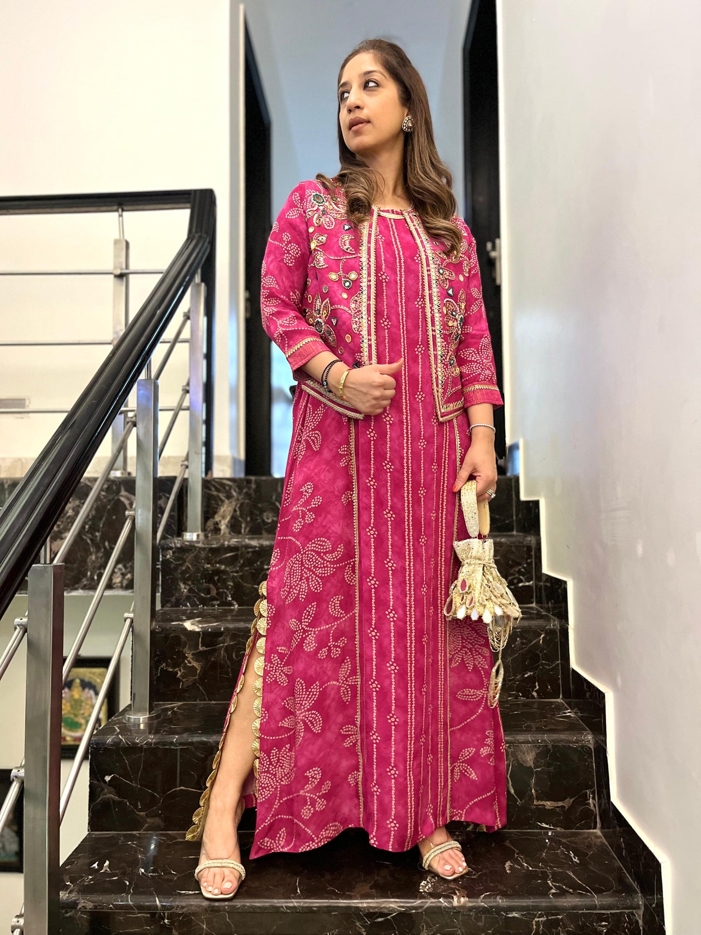 Pink floral bandhini long dress with jacket