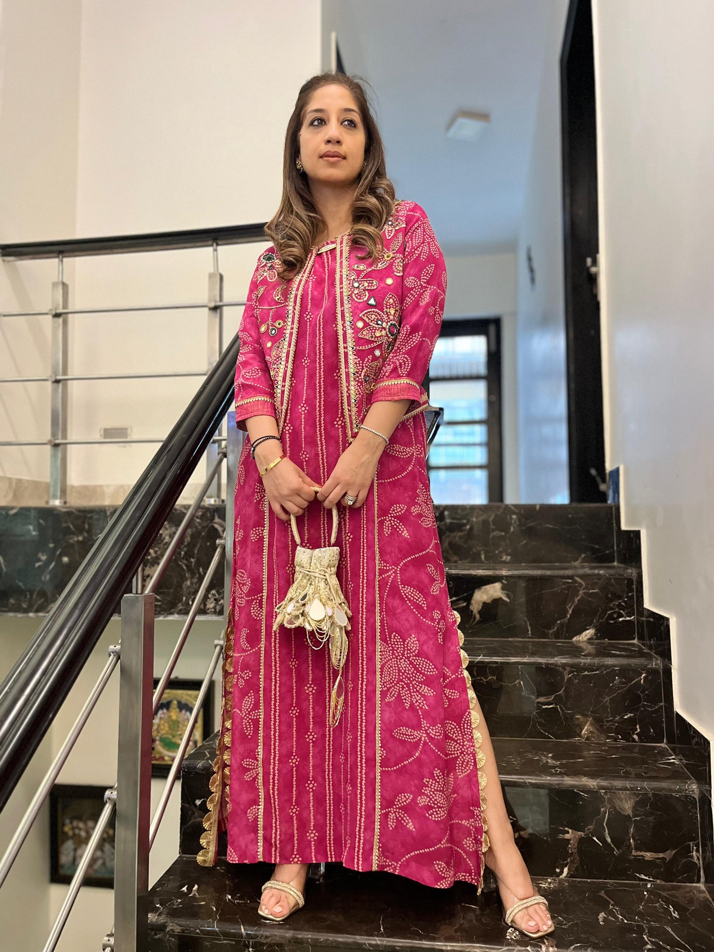 Pink floral bandhini long dress with jacket
