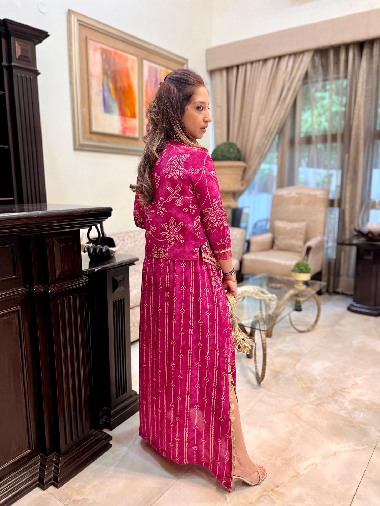 Pink floral bandhini long dress with jacket