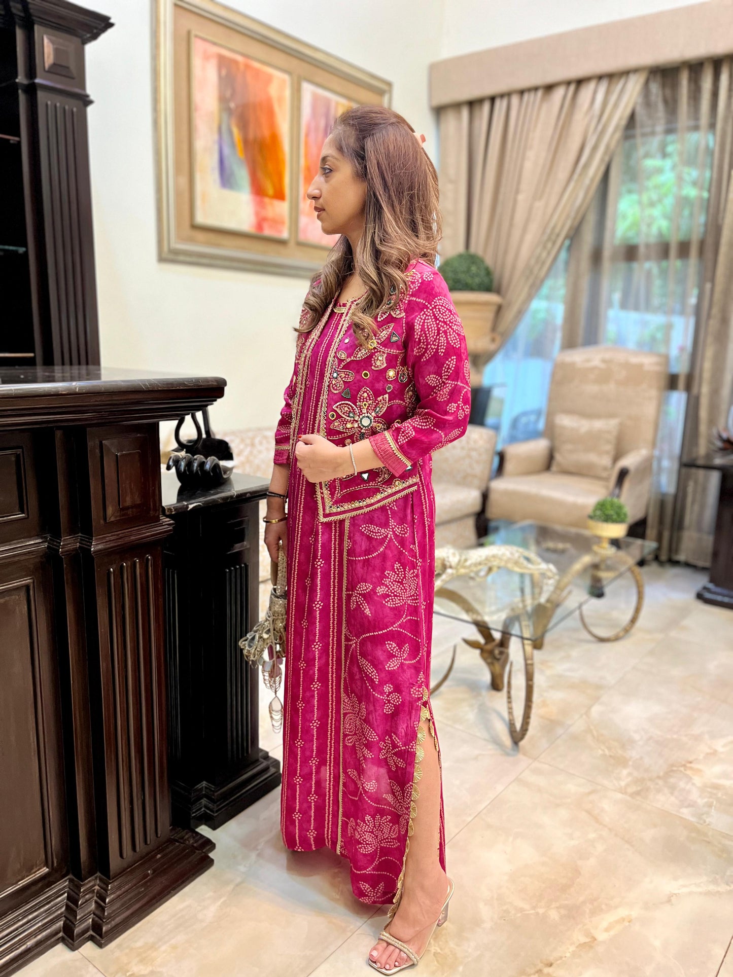 Pink floral bandhini long dress with jacket