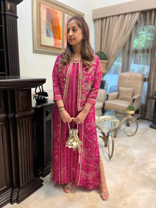 Pink floral bandhini long dress with jacket