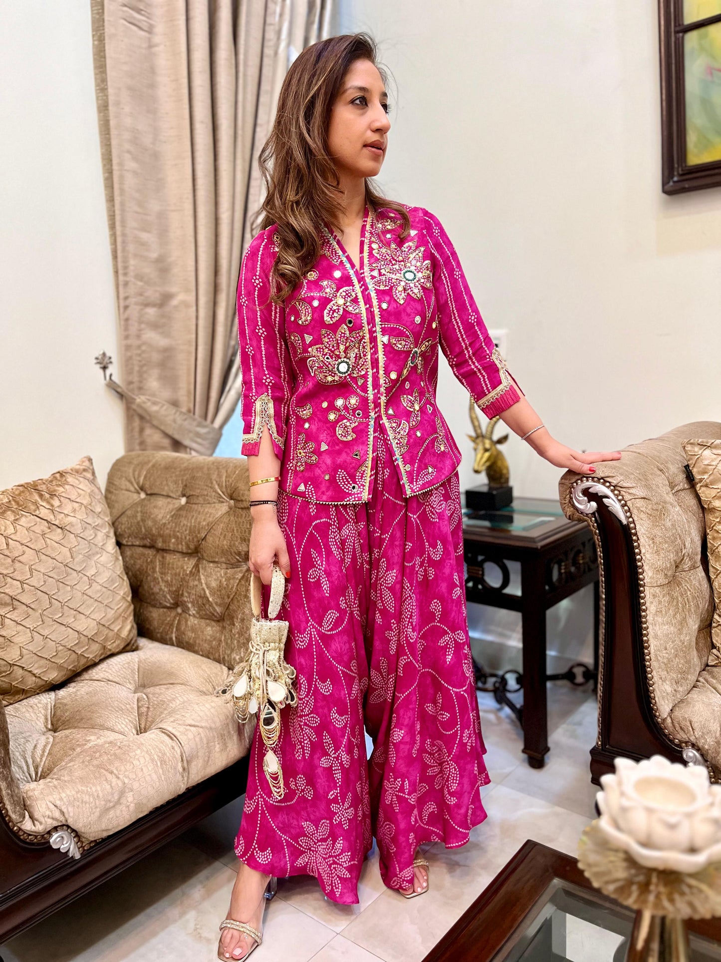 Pink floral bandhini top with stylised drape pants